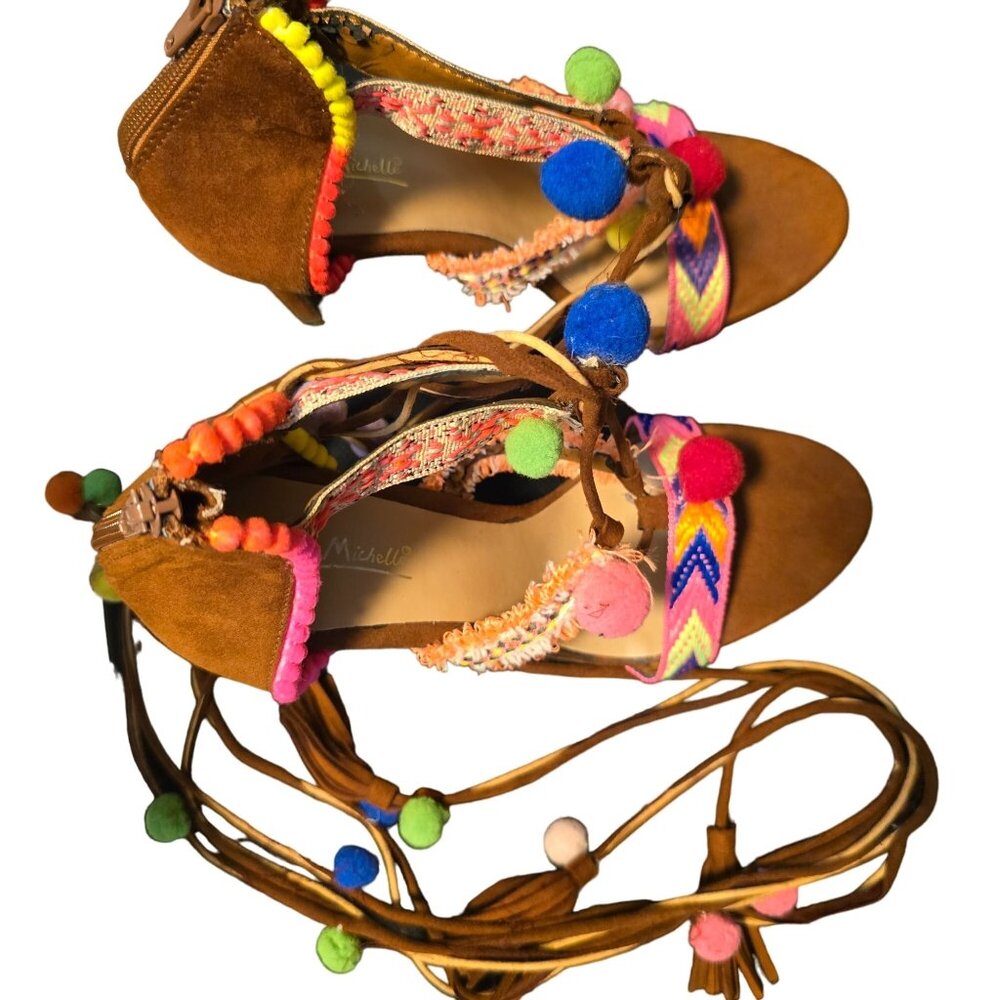Anne Michelle Colorful Pom Pom Size 9 Embellished Tie-Up‎ Heels - Picture 5 of 10